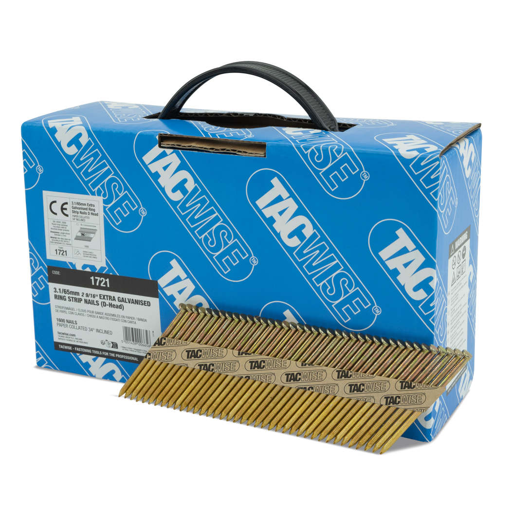 Type 3.1/65mm Extra Galvanised Framing Nails, D Head, Ring Shank, 34° Inclined, Paper Collated, Pack of 1600